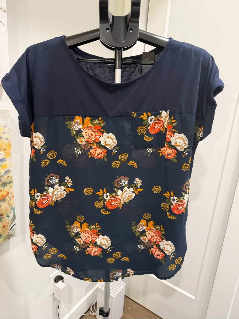 Women's Navy Floral Short Sleeve Mixed-Media Blouse